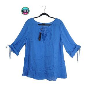 Talbots Woman 1X Blue 100% Silk Blouse Tie Sleeve Ruffle Neck NWT